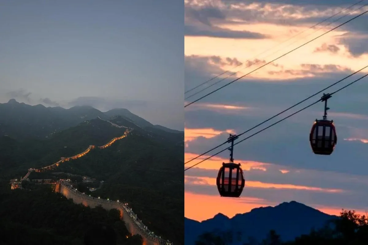 The cable car at sundown over the Mutianyu ridge